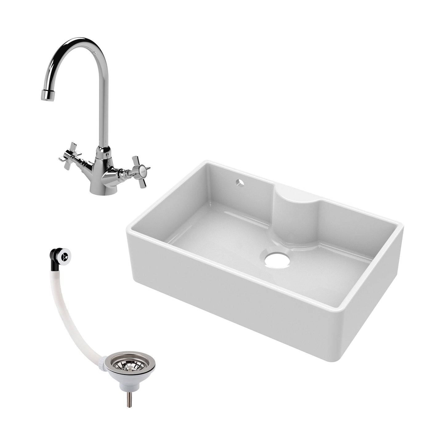 [BKS209WT2] Single Bowl Fireclay Ceramic Butler Kitchen Sink Bundle with Tap Ledge, Tap & Waste - Cutout