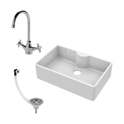 [BKS209WT2] Single Bowl Fireclay Ceramic Butler Kitchen Sink Bundle with Tap Ledge, Tap & Waste - Cutout