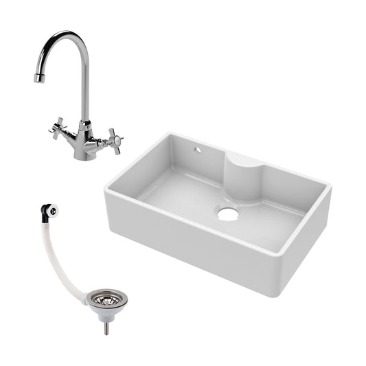 [BKS209WT2] Single Bowl Fireclay Ceramic Butler Kitchen Sink Bundle with Tap Ledge, Tap & Waste - Cutout