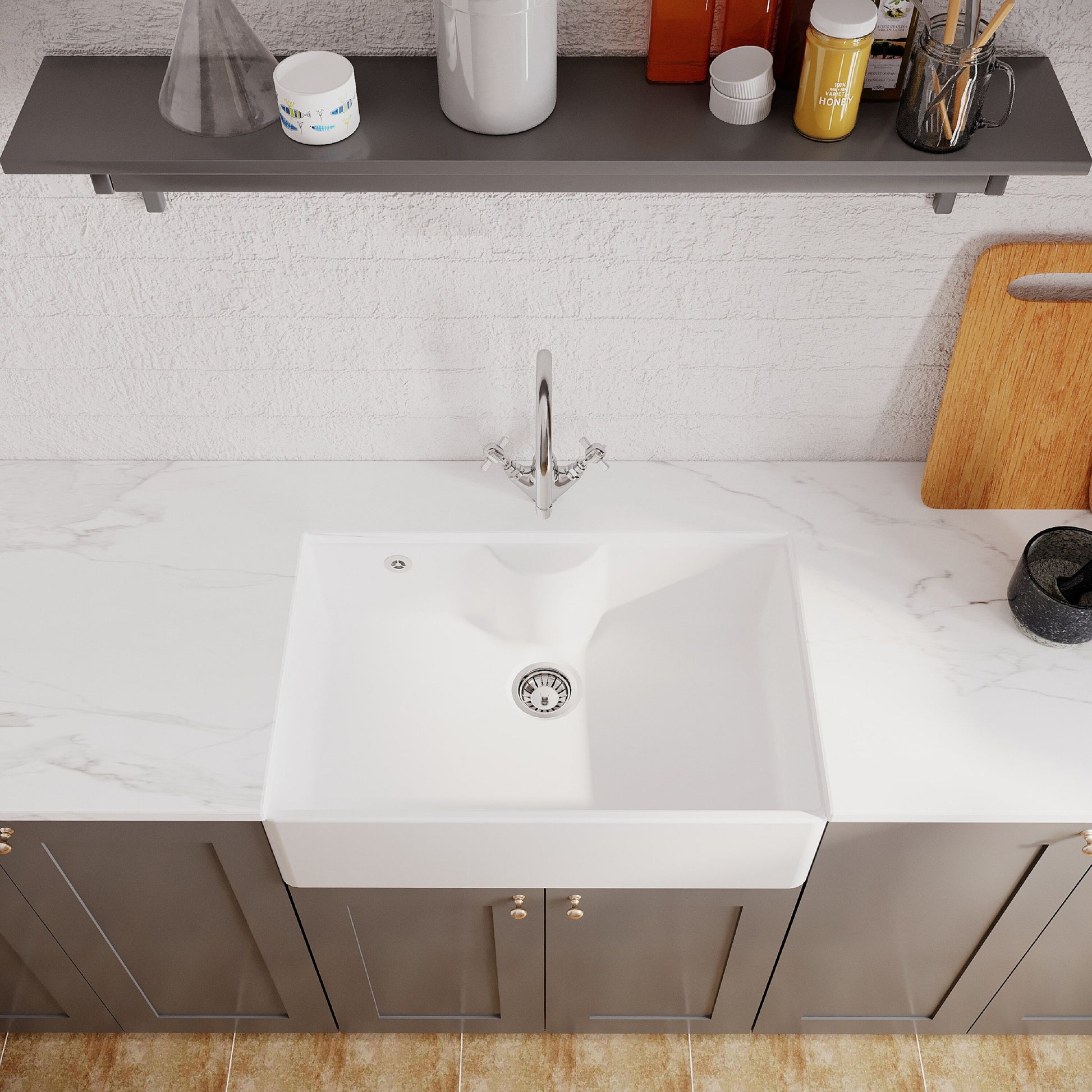 [BKS209WT2] Single Bowl Fireclay Ceramic Butler Kitchen Sink Bundle with Tap Ledge, Tap & Waste - Lifestyle 2