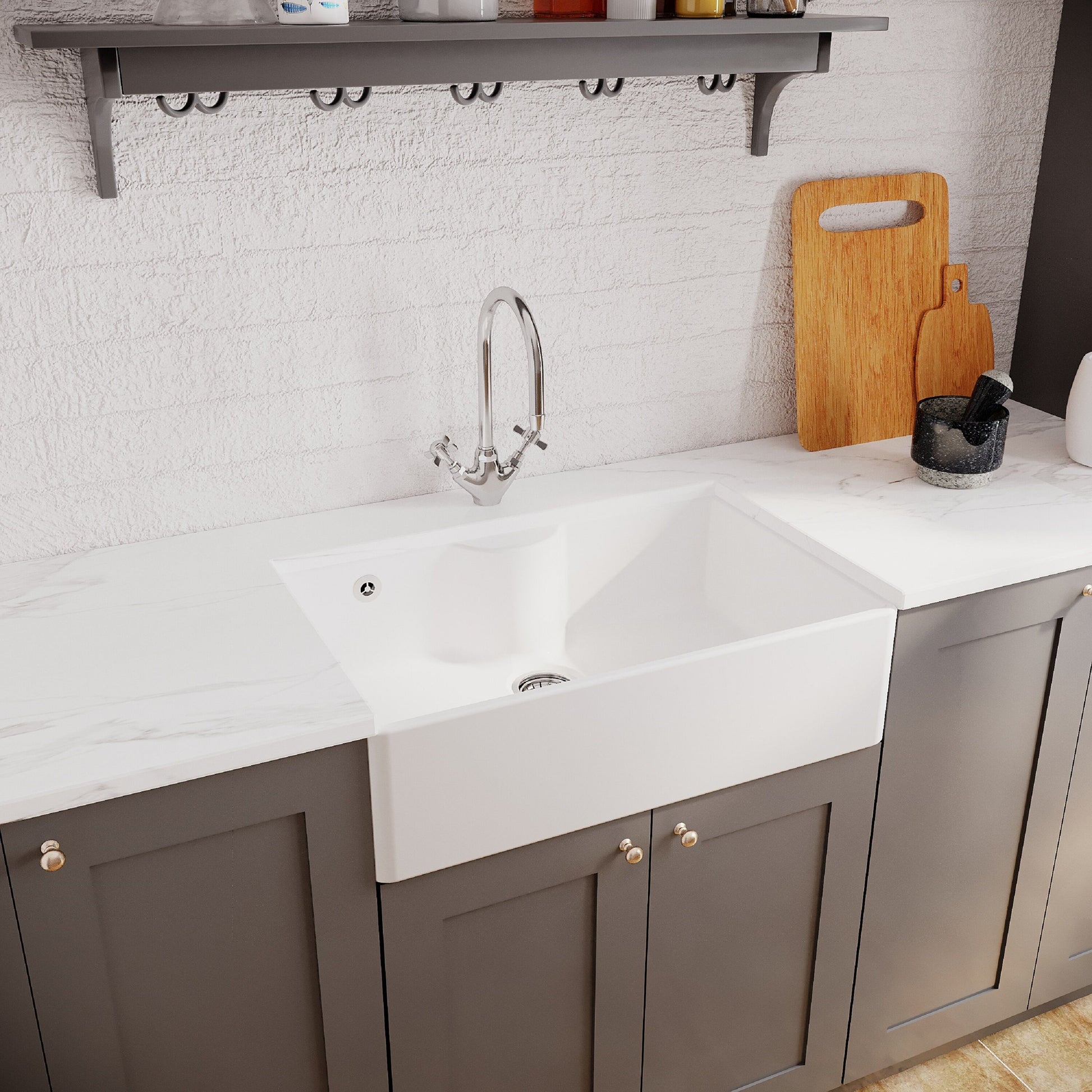 [BKS209WT2] Single Bowl Fireclay Ceramic Butler Kitchen Sink Bundle with Tap Ledge, Tap & Waste - Lifestyle 3