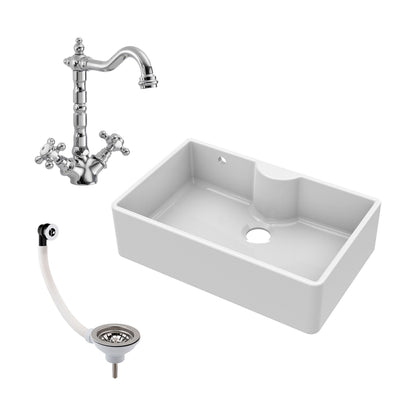 [BKS209WT4] Single Bow Fireclay Ceramic Butler Kitchen Sink Bundle with Tap Ledge, French Classic Tap & Waste - Cutout