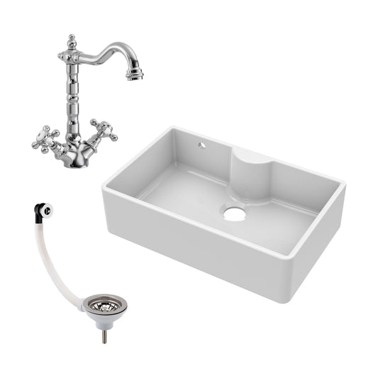 [BKS209WT4] Single Bow Fireclay Ceramic Butler Kitchen Sink Bundle with Tap Ledge, French Classic Tap & Waste - Cutout