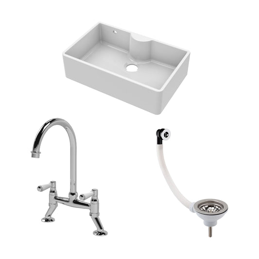 [BKS209WT5] Traditional Fireclay Kitchen Bundle: 1 Bowl Butler Sink with Overflow & Ledge, Waste & Bridge Mixer Tap, 795mm - Chrome - Cutout