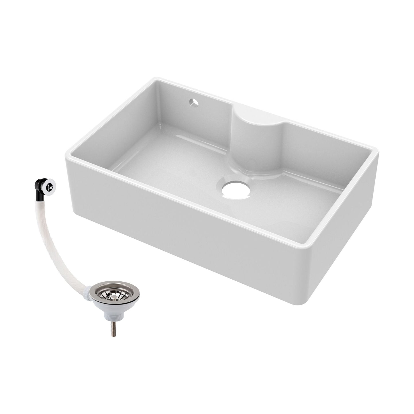 [BKS209W] Single Bowl Fireclay Ceramic Butler Kitchen Sink with Tap Ledge and Overflow and Chrome Basket Strainer Waste - 795mm - Cutout
