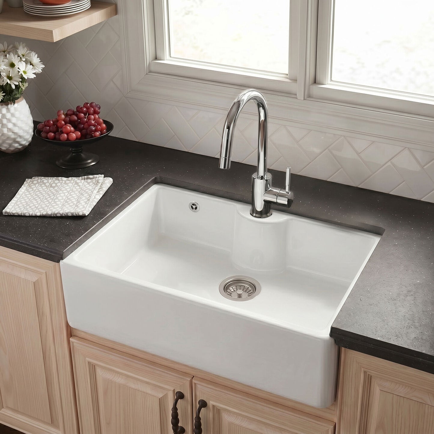 [BKS209W] 795mm - 1 Bowl Fireclay Butler Kitchen Sink -  Tap Ledge, Overflow & Waste - Silo