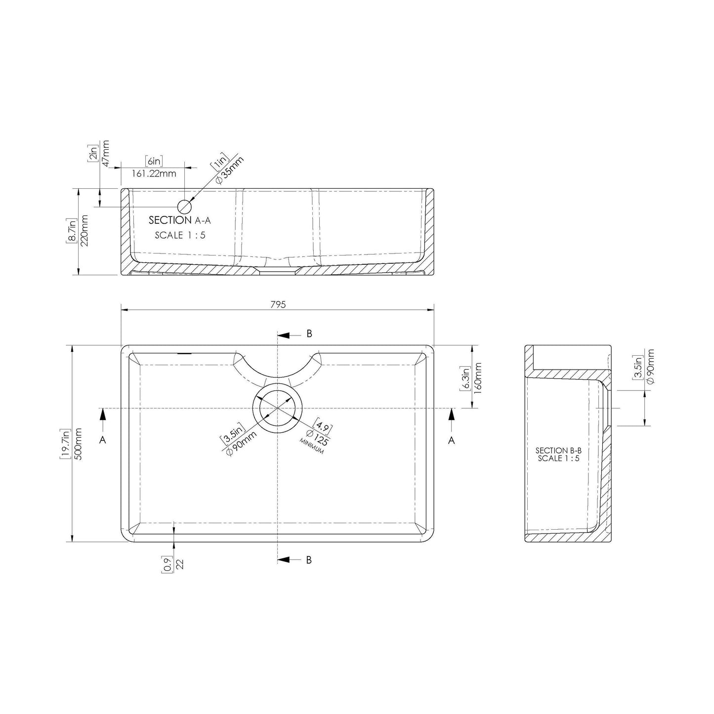 [BKS209] Single Bowl Fireclay Ceramic Butler Kitchen Sink - Variety of Sizes and Features Available - Technical Drawing