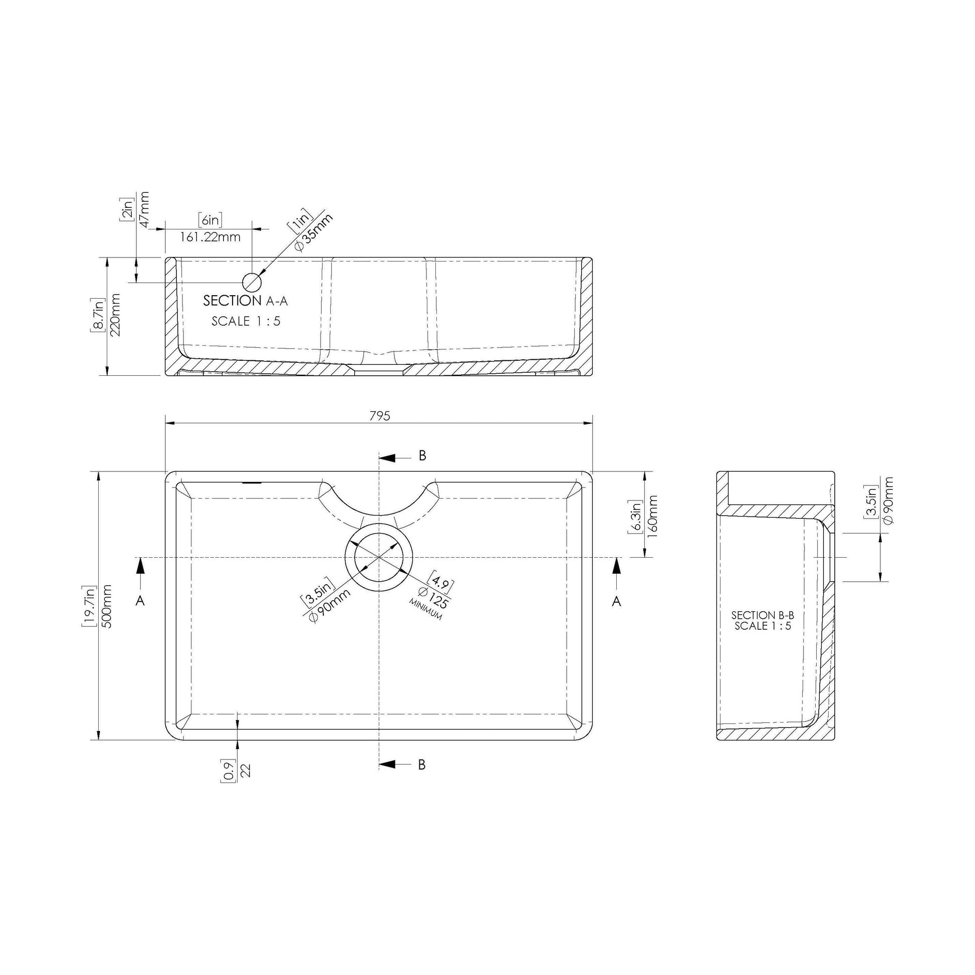 [BKS209] Single Bowl Fireclay Ceramic Butler Kitchen Sink - Variety of Sizes and Features Available - Technical Drawing