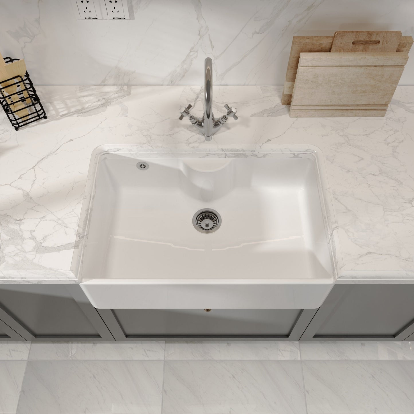 [BKS209] Single Bowl Fireclay Ceramic Butler Kitchen Sink - Variety of Sizes and Features Available - Lifestyle 2