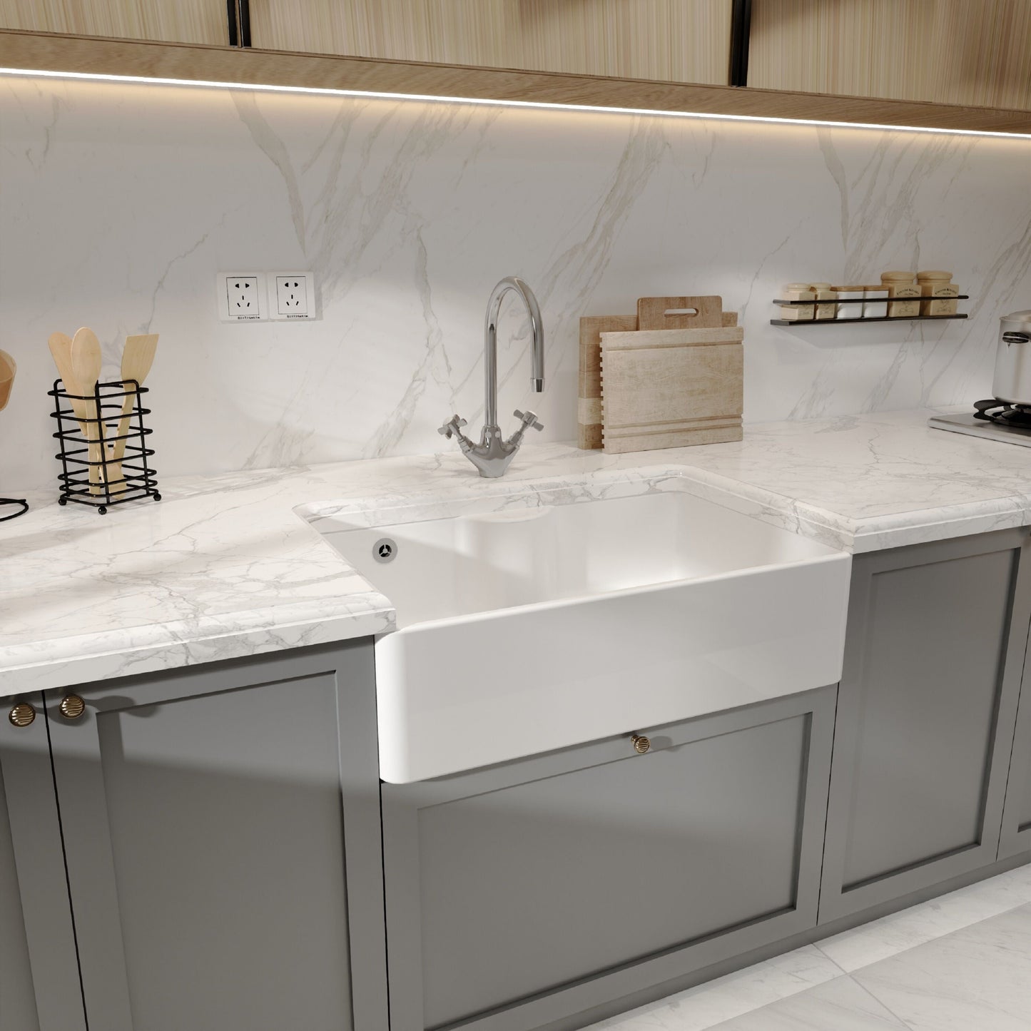[BKS209] Single Bowl Fireclay Ceramic Butler Kitchen Sink - Variety of Sizes and Features Available - Lifestyle 3
