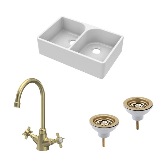 [BKS210WT11] Traditional Fireclay Kitchen Bundle: Double Bowl Full Weir Butler Sink No Overflow, Wastes & Mono Tap, 795mm - Brushed Brass - Cutout