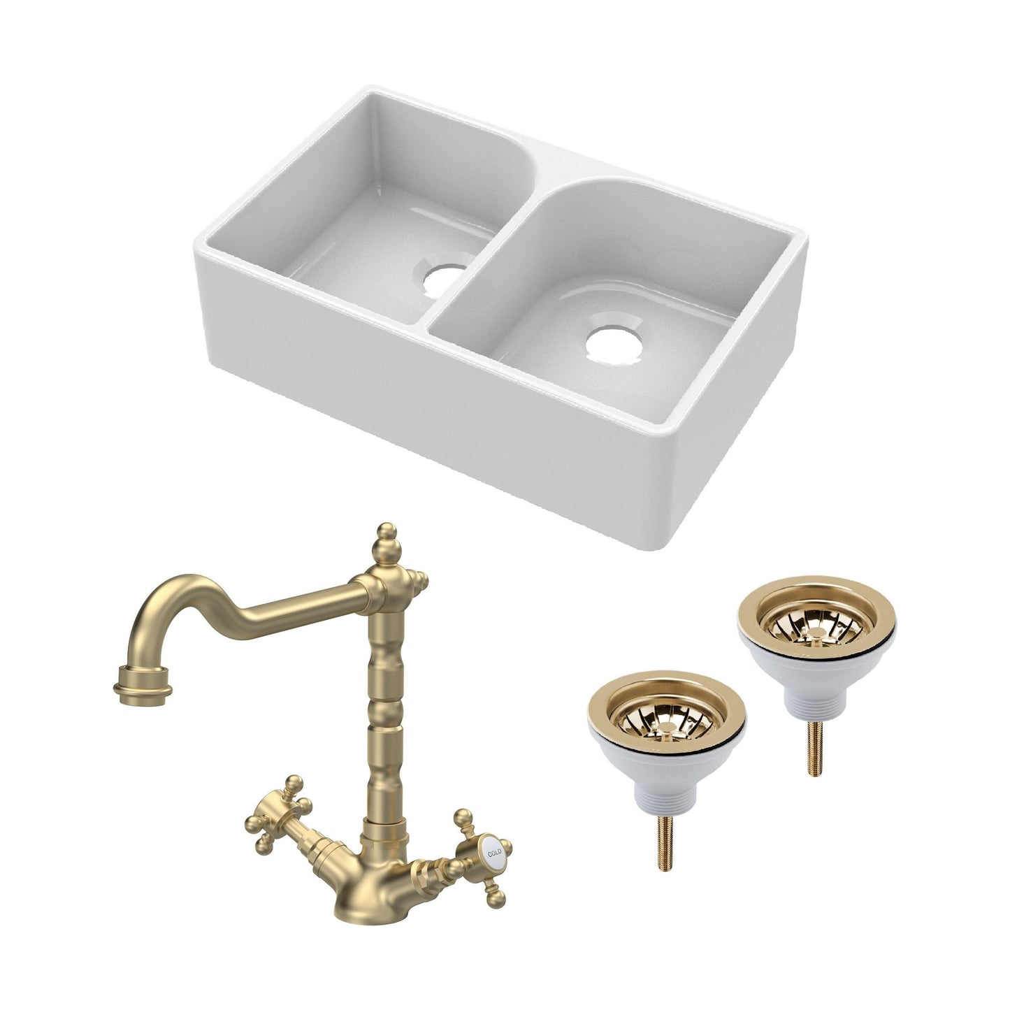 [BKS210WT13] Traditional Fireclay Kitchen Bundle: Double Bowl Full Weir Butler Sink No Overflow, Wastes & Classic Tap, 795mm - Brushed Brass - Cutout