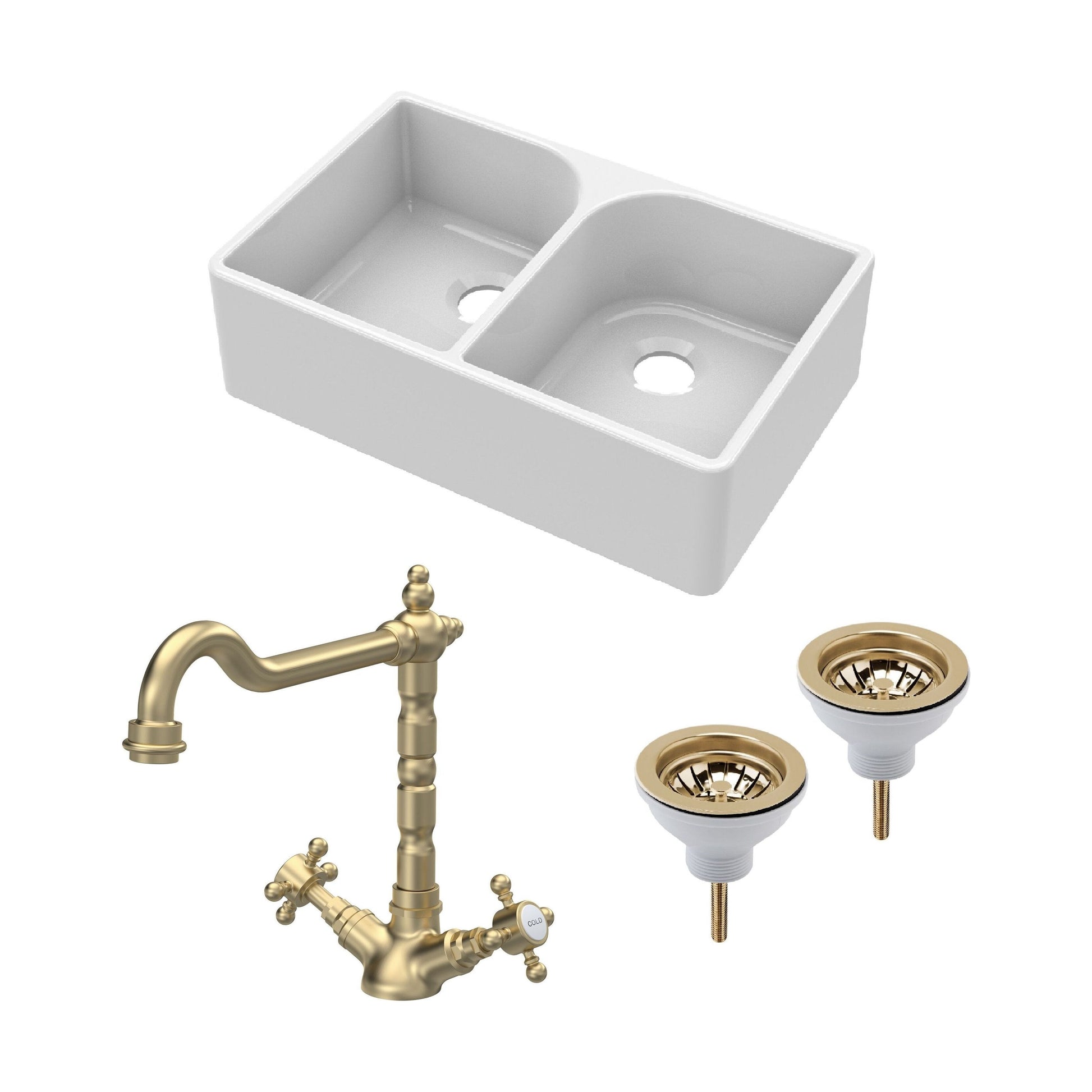 [BKS210WT13] Traditional Fireclay Kitchen Bundle: Double Bowl Full Weir Butler Sink No Overflow, Wastes & Classic Tap, 795mm - Brushed Brass - Cutout