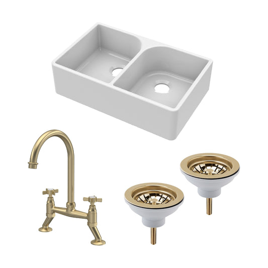 [BKS210WT14] Traditional Fireclay Kitchen Bundle: Double Bowl Full Weir Butler Sink No Overflow, Wastes & Bridge Tap, 795mm - Brushed Brass - Cutout