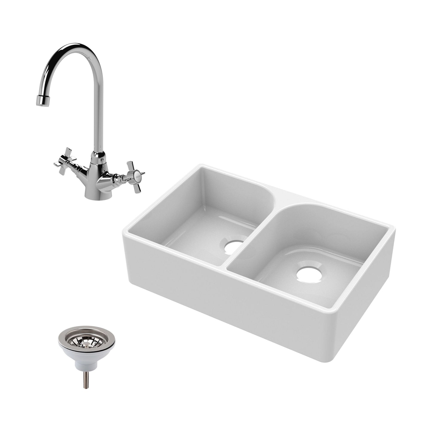[BKS210WT2] Traditional Double Bowl Fireclay Ceramic Full Weir Butler Kitchen Sink Bundle with Mono Mixer Tap & Waste - Cutout