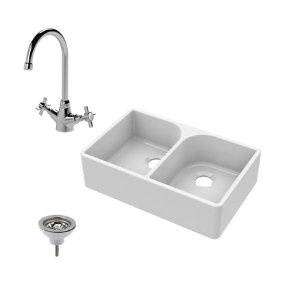 [BKS210WT2] Traditional Double Bowl Fireclay Ceramic Full Weir Butler Kitchen Sink Bundle with Mono Mixer Tap & Waste - Cutout