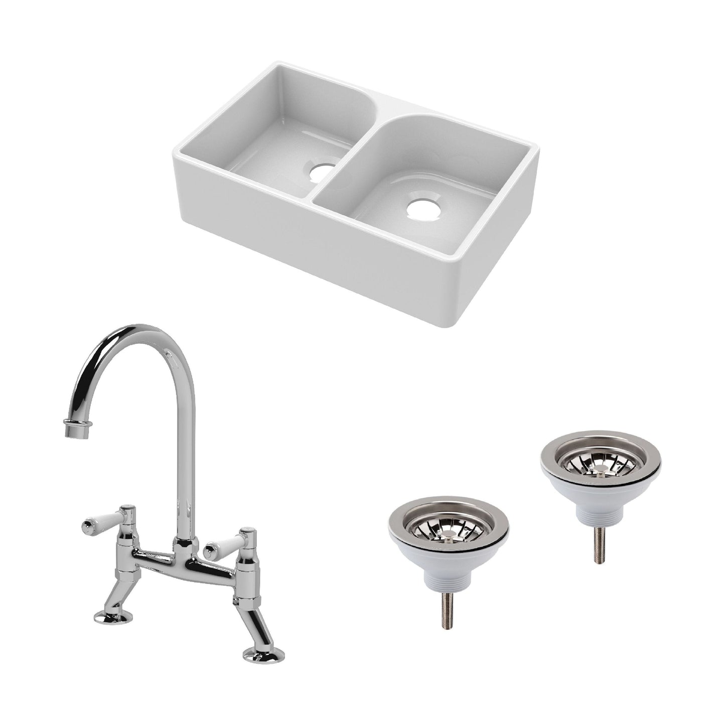 [BKS210WT5] Traditional Fireclay Kitchen Bundle: Double Bowl Full Weir Butler Sink No Overflow, Wastes & Bridge Lever Tap, 795mm - Chrome - Cutout