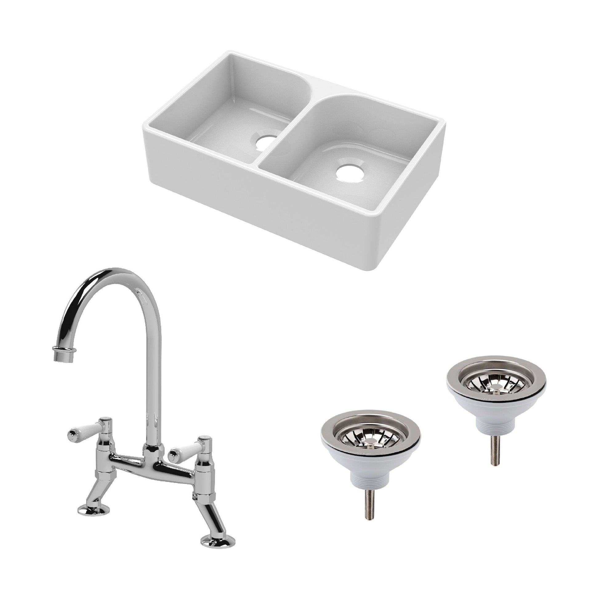 [BKS210WT5] Traditional Fireclay Kitchen Bundle: Double Bowl Full Weir Butler Sink No Overflow, Wastes & Bridge Lever Tap, 795mm - Chrome - Cutout