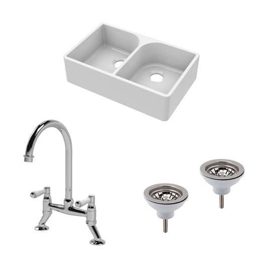 [BKS210WT5] Traditional Fireclay Kitchen Bundle: Double Bowl Full Weir Butler Sink No Overflow, Wastes & Bridge Lever Tap, 795mm - Chrome - Cutout