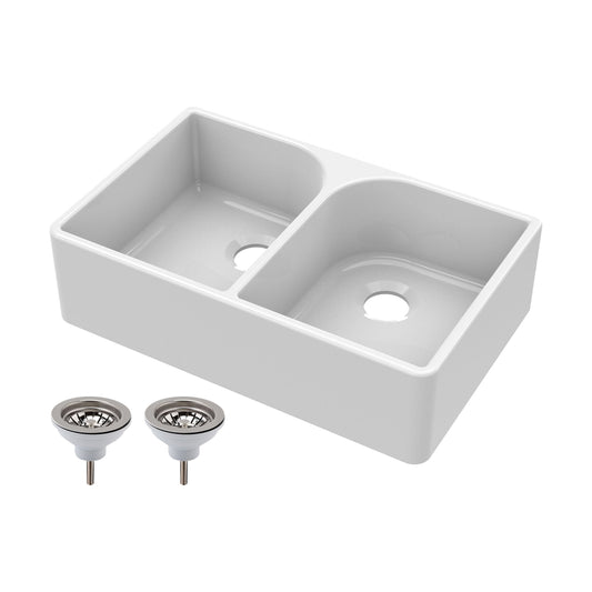 [BKS210W] Traditional Double Bowl Fireclay Ceramic Butler Kitchen Sink with Full Weir and Chrome Basket Strainer Wastes - 795mm - Cutout