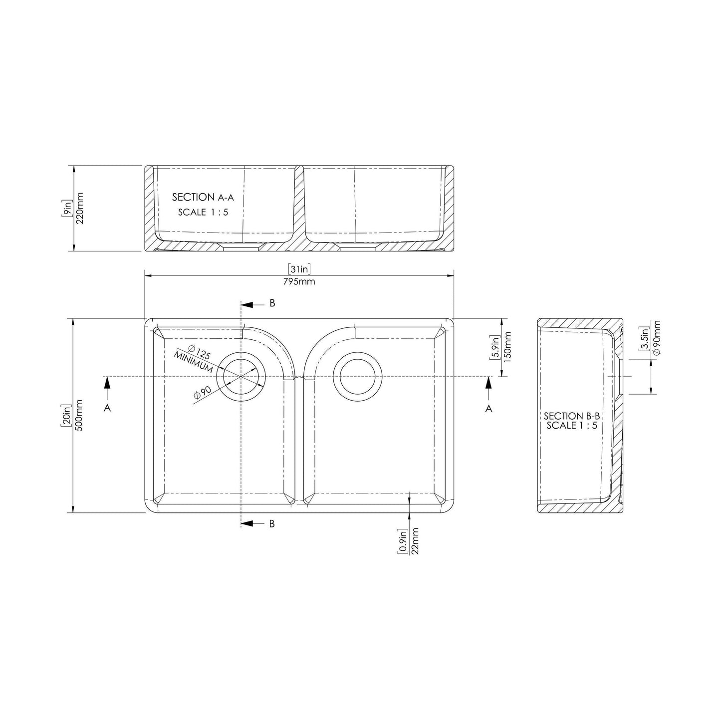 [BKS210] Double Bowl Fireclay Ceramic Butler Kitchen Sink with Full Weir - 795mm - Choice of Colour - Technical Drawing