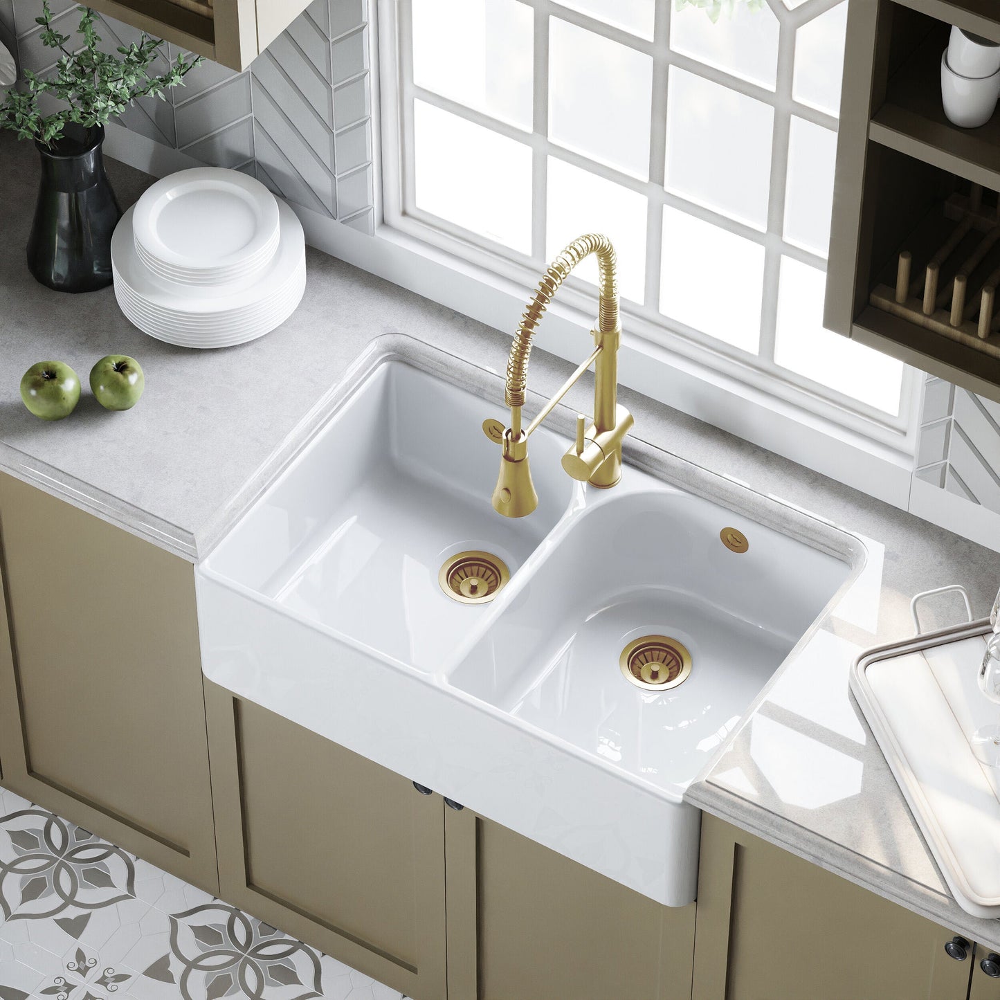 [BKS211W1] Fireclay Ceramic Double Bowl Butler Kitchen Sink with Full Weir, Tap Ledge, Overflows and Wastes, 795mm - Brushed Brass - Lifestyle 2