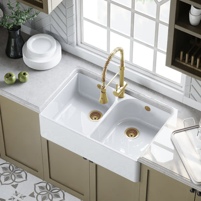 [BKS211W1] Fireclay Ceramic Double Bowl Butler Kitchen Sink with Full Weir, Tap Ledge, Overflows and Wastes, 795mm - Brushed Brass - Lifestyle 2