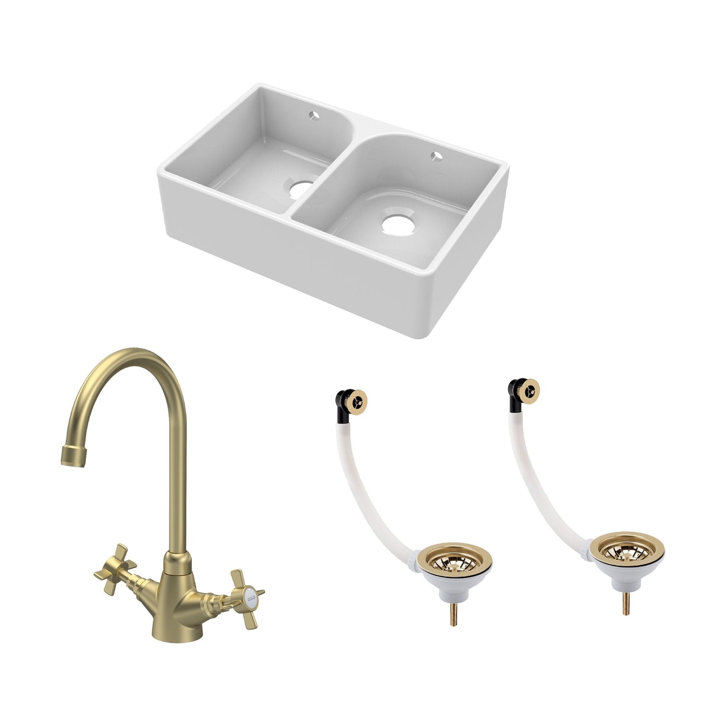 [BKS211WT11] Double Bowl Butler Sink with Overflow - Choice of Tap and Waste - 795mm - Cutout