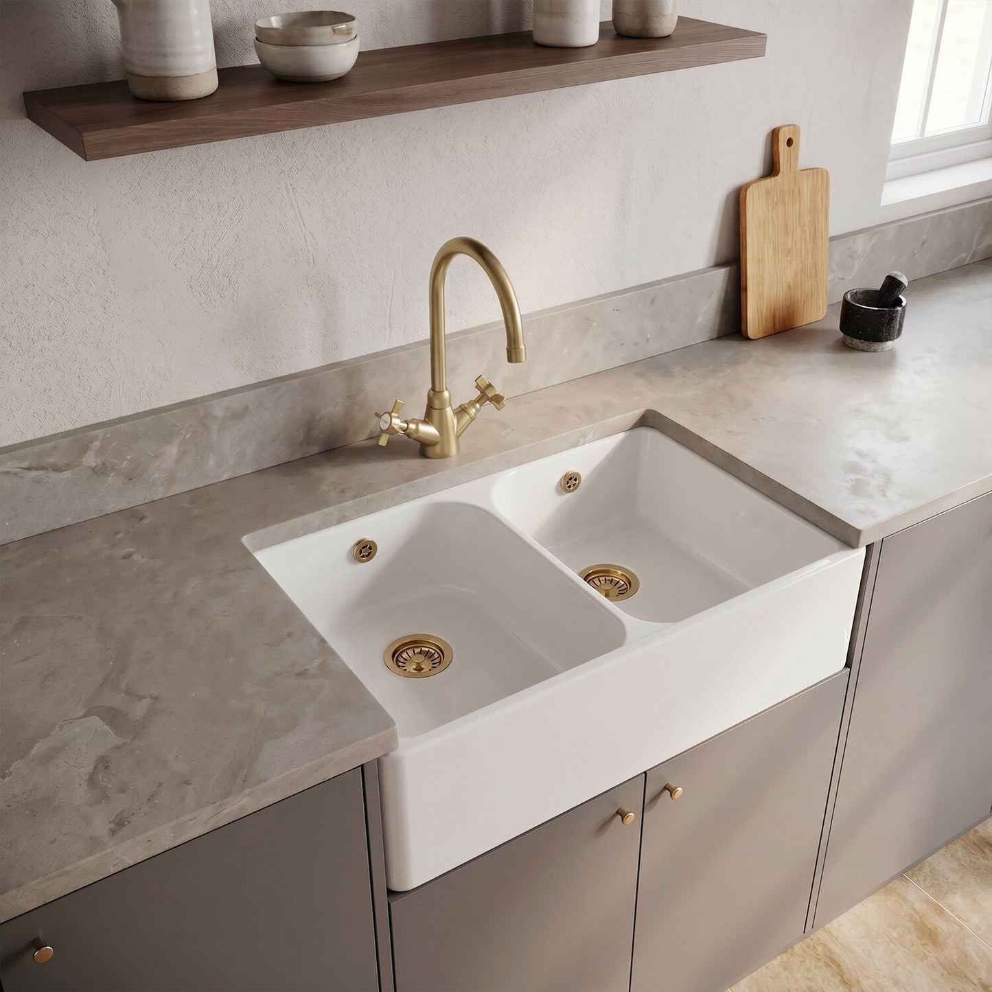 [BKS211WT11] Double Bowl Butler Sink with Overflow - Choice of Tap and Waste - 795mm - Silo