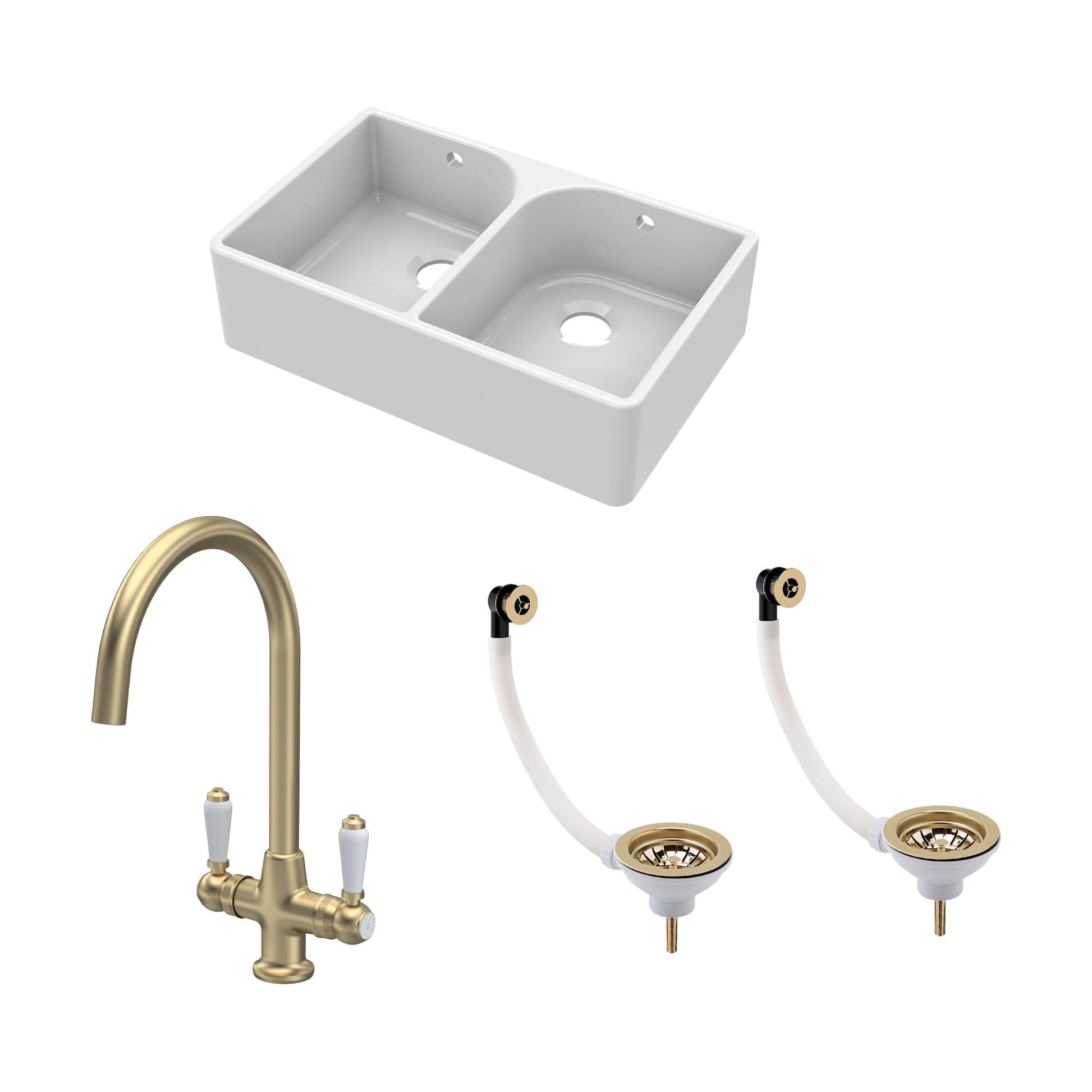 [BKS211WT12] Traditional Fireclay Kitchen Bundle: Double Bowl Full Weir Butler Sink with Wastes & Mono Lever Tap, 795mm - Brushed Brass - Cutout
