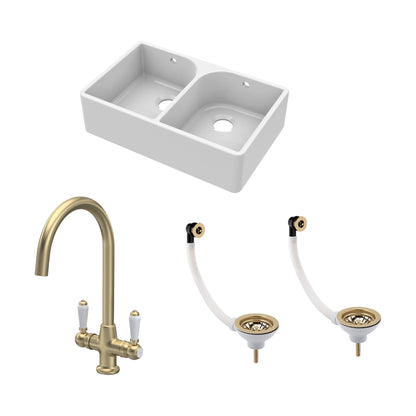 [BKS211WT12] Traditional Fireclay Kitchen Bundle: Double Bowl Full Weir Butler Sink with Wastes & Mono Lever Tap, 795mm - Brushed Brass - Cutout