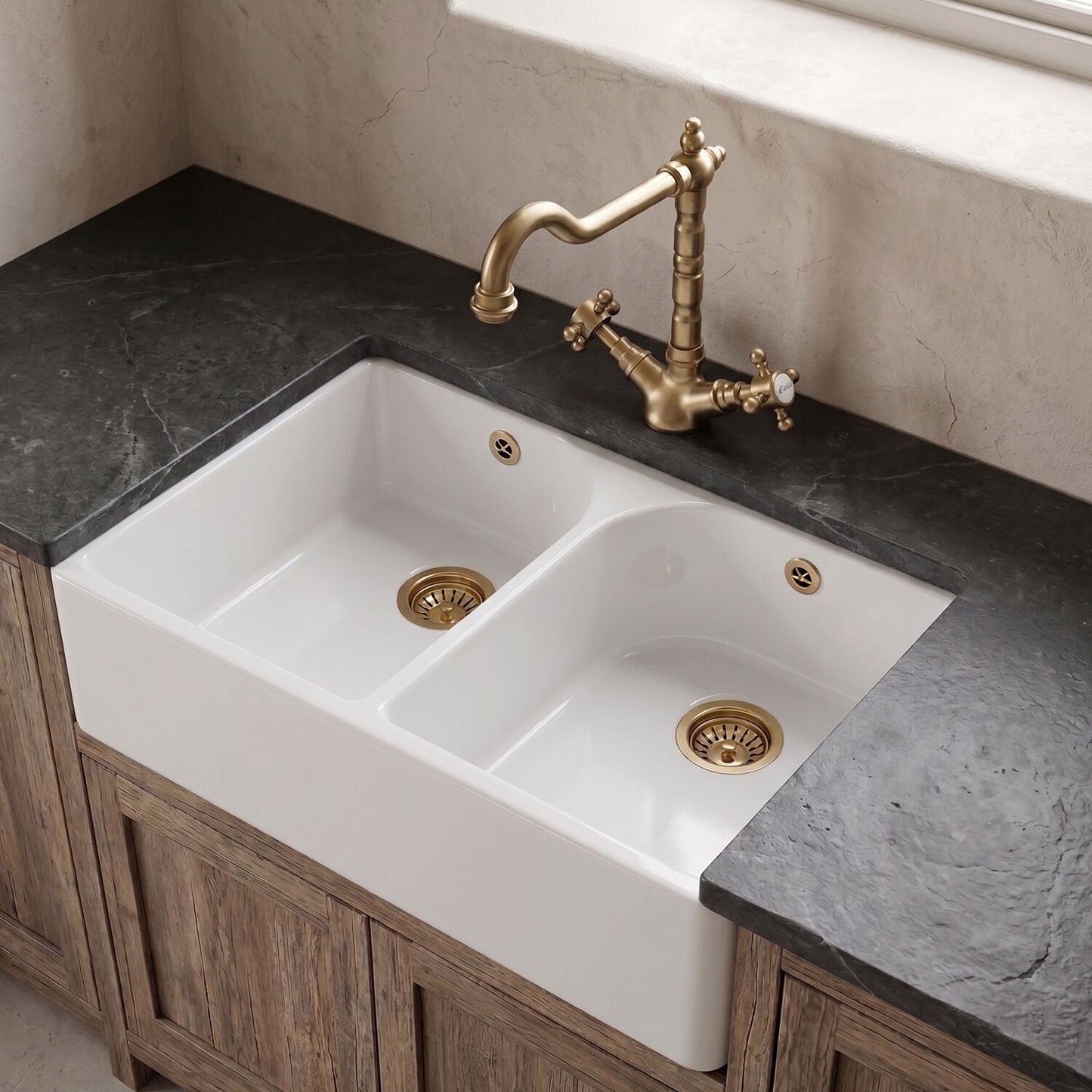 [BKS211WT13] Double Bowl Butler Sink with Overflow - Choice of Tap and Waste - 795mm - Silo