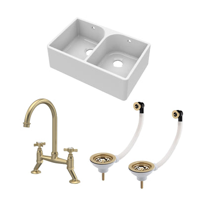 [BKS211WT14] Double Bowl Butler Sink with Overflow - Choice of Tap and Waste - 795mm - Cutout