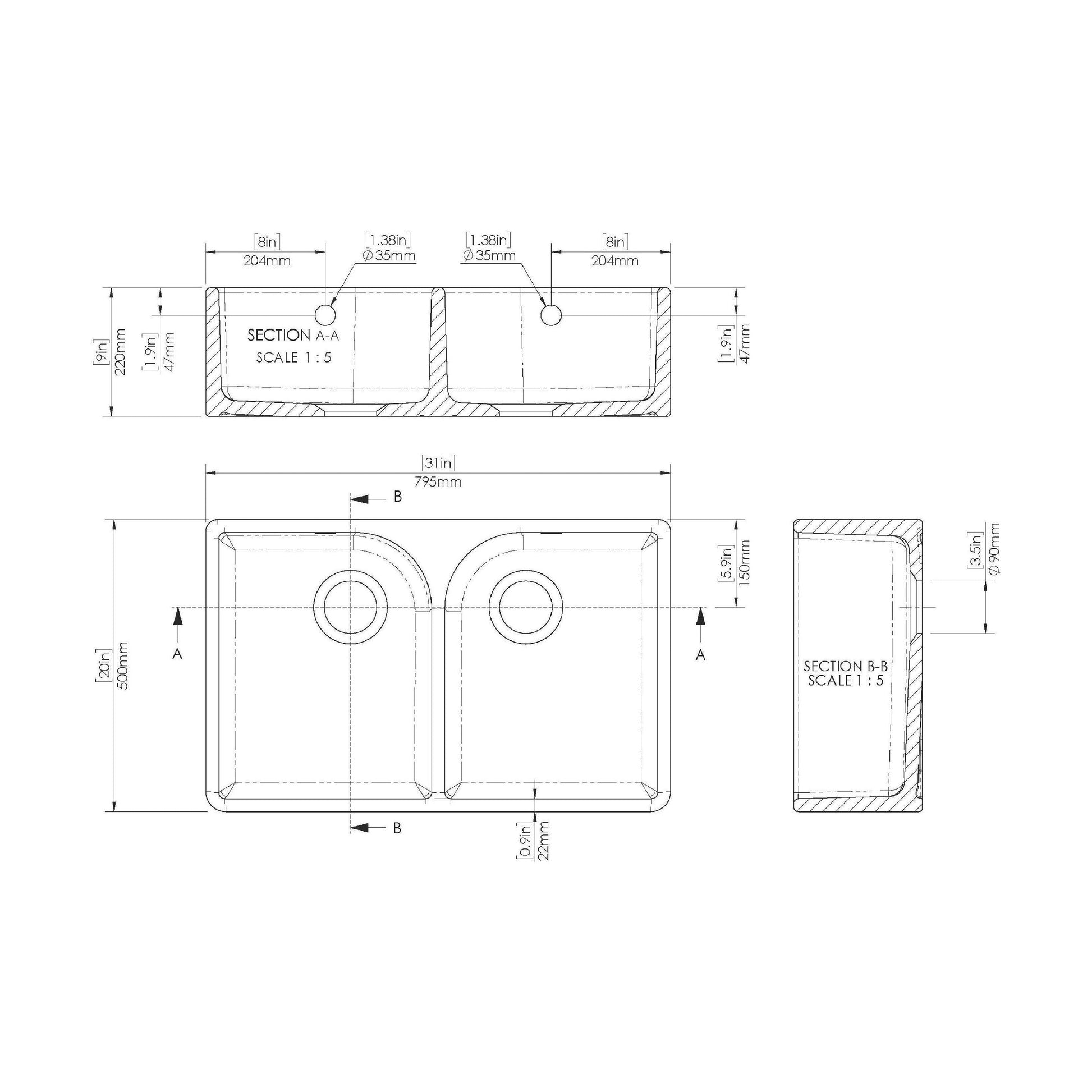 [BKS211WT15] Double Bowl Butler Sink with Overflow - Choice of Tap and Waste - 795mm - Technical Drawing