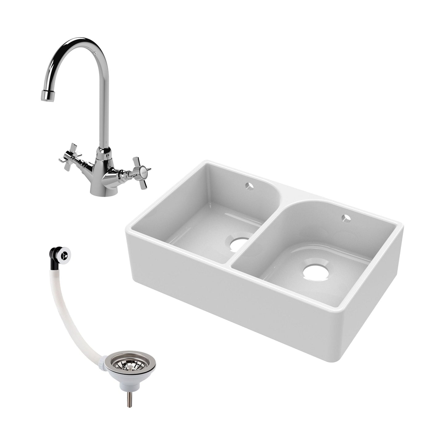 [BKS211WT2] Double Bowl Butler Sink with Overflow - Choice of Tap and Waste - 795mm - Cutout