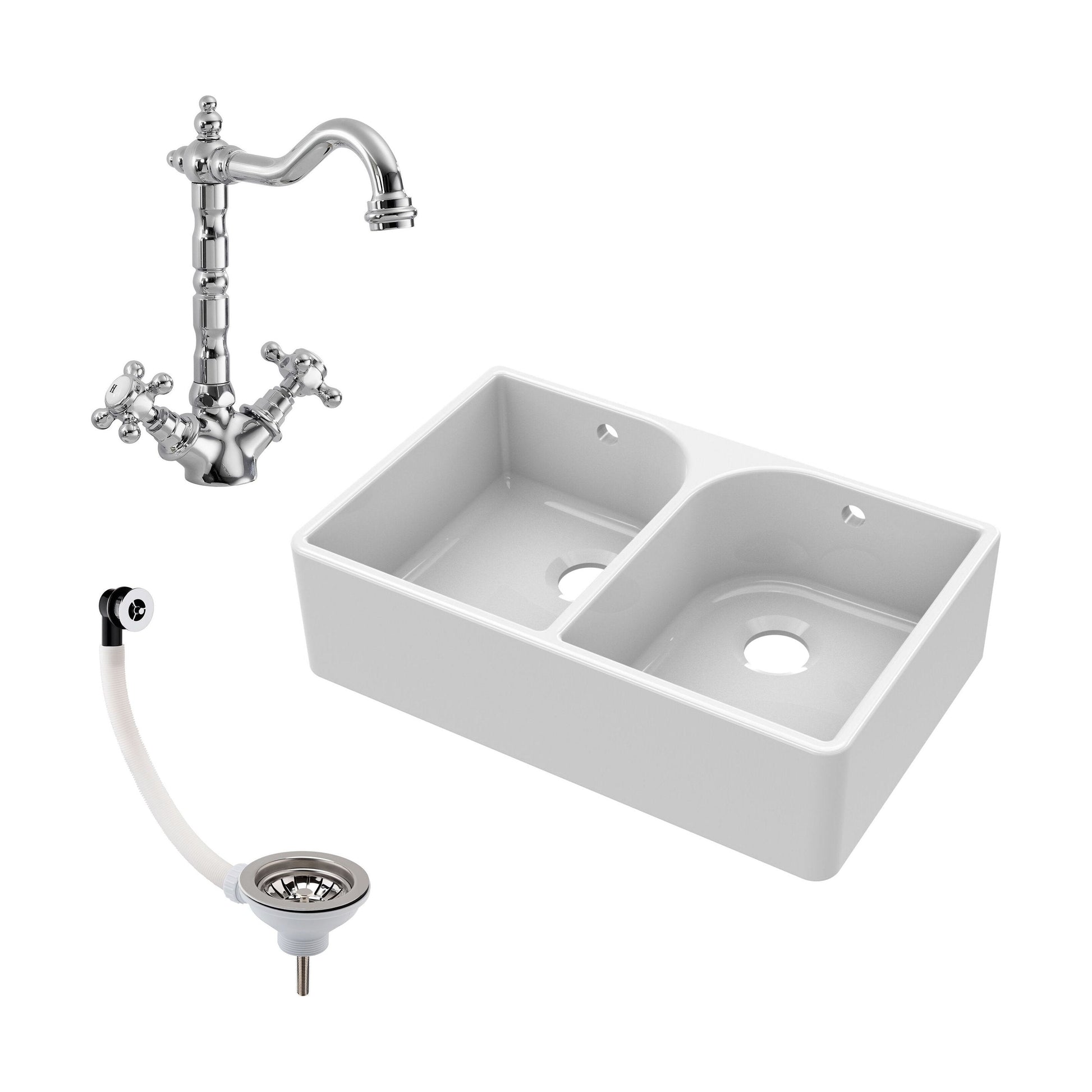 [BKS211WT4] Double Bowl Butler Sink with Overflow - Choice of Tap and Waste - 795mm - Cutout
