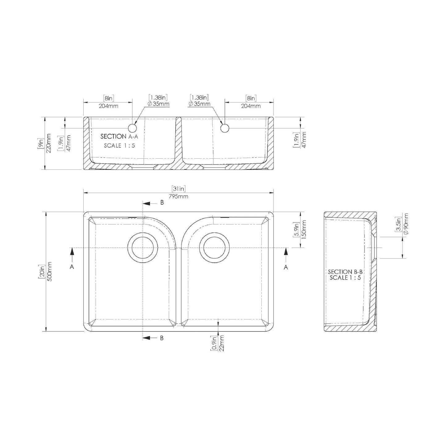 [BKS211WT4] Double Bowl Butler Sink with Overflow - Choice of Tap and Waste - 795mm - Technical Drawing