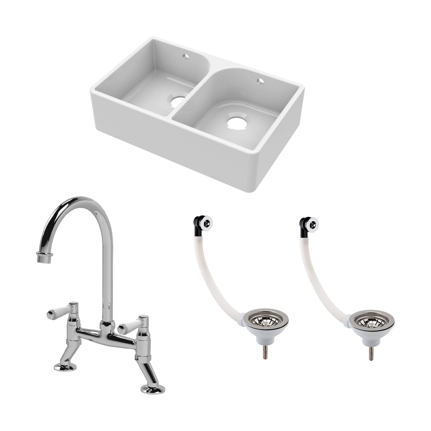 [BKS211WT5] Double Bowl Butler Sink with Overflow - Choice of Tap and Waste - 795mm - Cutout