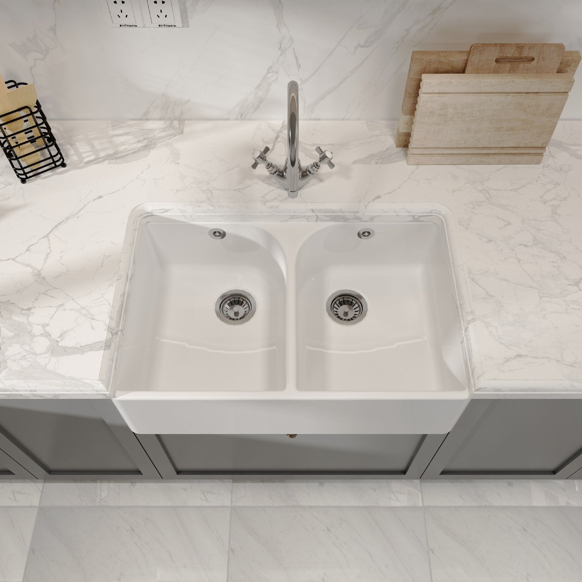 [BKS211W] Double Bowl Butler Sink with Overflow - Choice of Tap and Waste - 795mm - Lifestyle 2