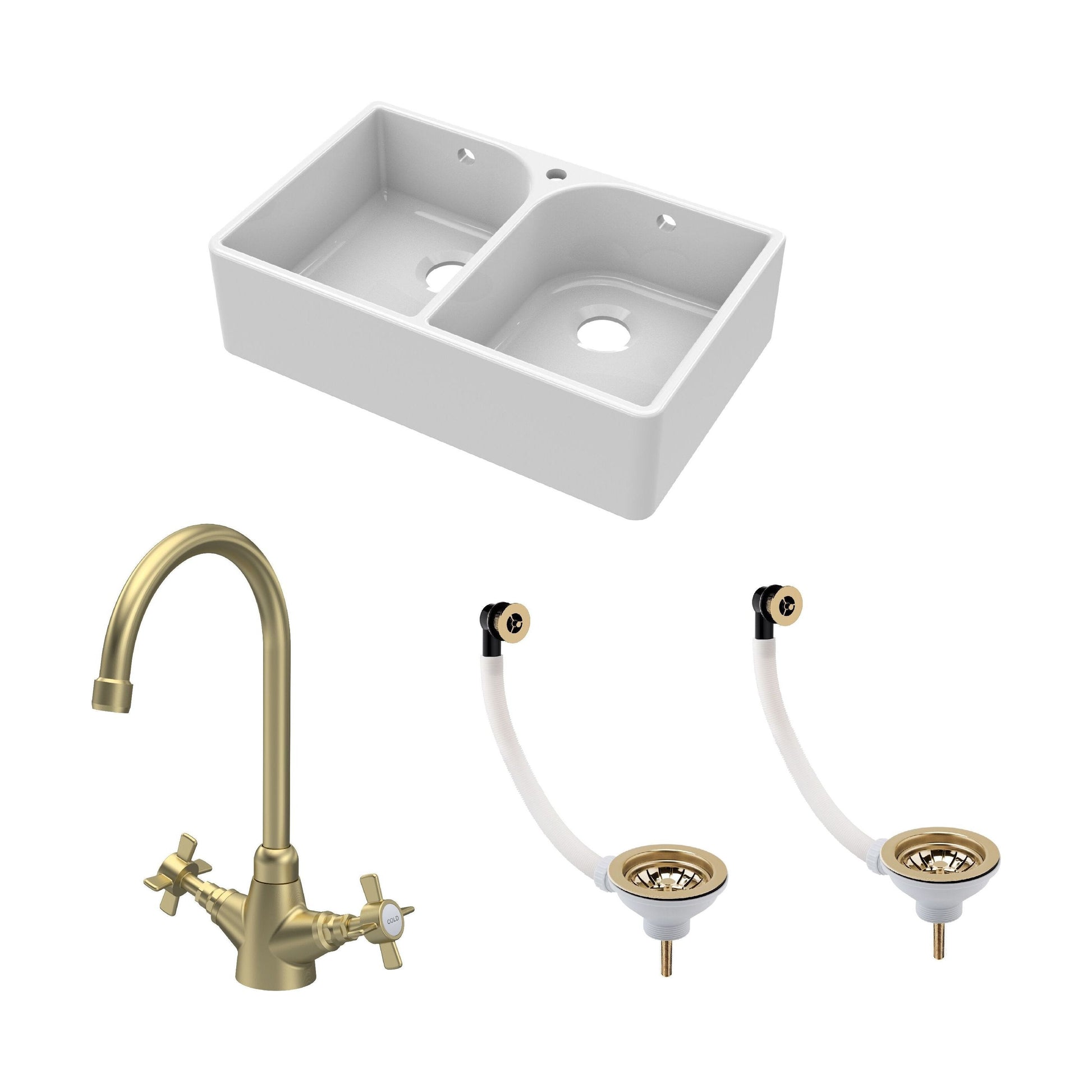 [BKS212WT11] Traditional Fireclay Kitchen Bundle: Double Bowl Full Weir 1 Tap Hole Butler Sink, Wastes & Mono Tap, 795mm - Brushed Brass - Cutout