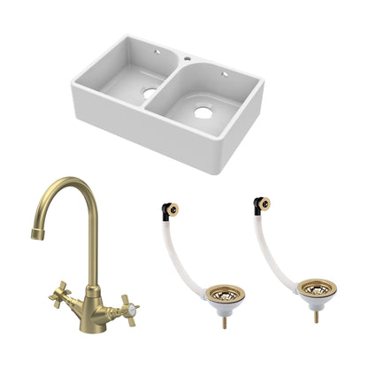 [BKS212WT11] Traditional Fireclay Kitchen Bundle: Double Bowl Full Weir 1 Tap Hole Butler Sink, Wastes & Mono Tap, 795mm - Brushed Brass - Cutout