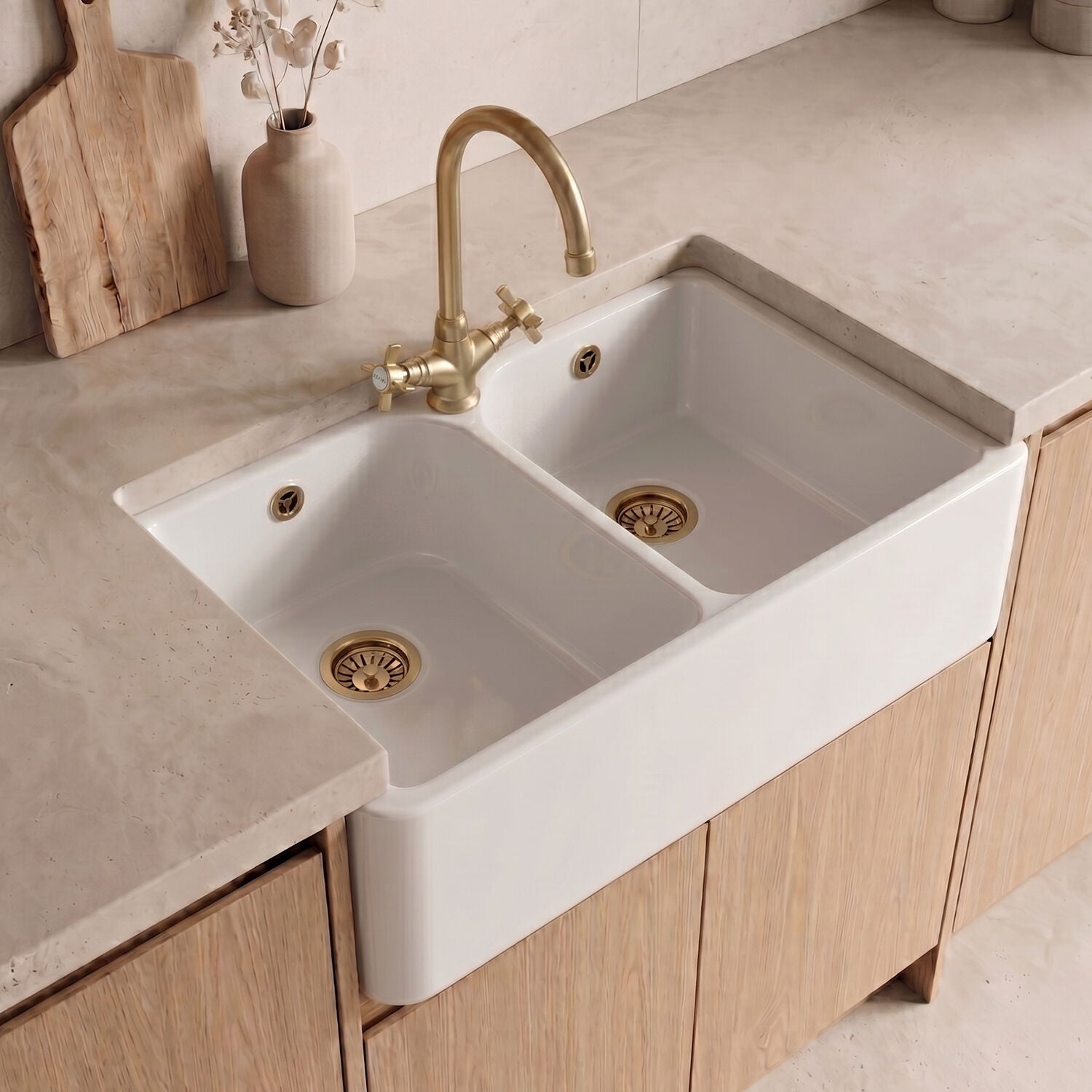 [BKS212WT11] Traditional Fireclay Kitchen Bundle: Double Bowl Full Weir 1 Tap Hole Butler Sink, Wastes & Mono Tap, 795mm - Brushed Brass - Silo