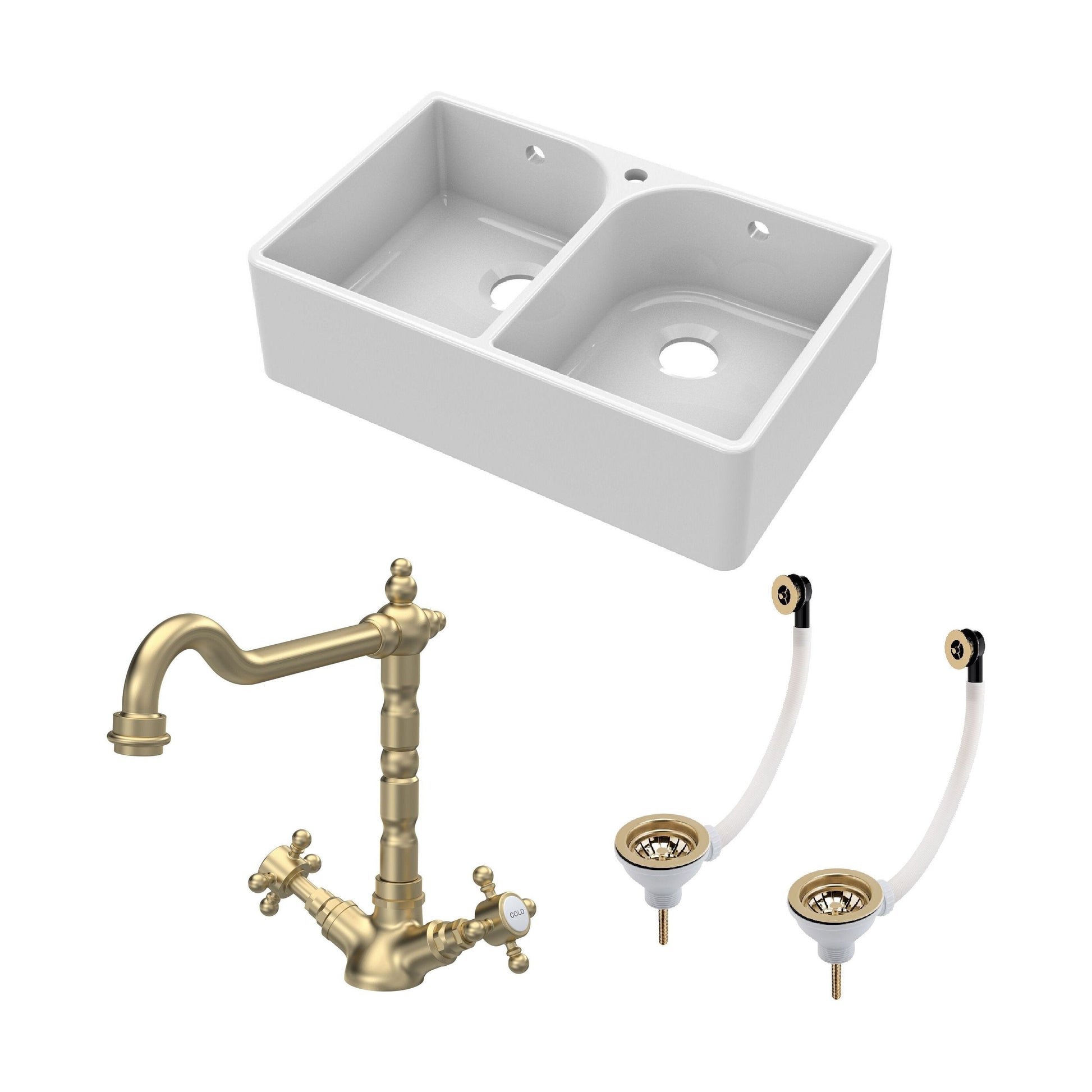 [BKS212WT13] Traditional Fireclay Kitchen Bundle: Double Bowl Full Weir 1 Tap Hole Butler Sink, Wastes & Classic Tap, 795mm - Brushed Brass - Cutout