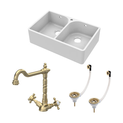 [BKS212WT13] Traditional Fireclay Kitchen Bundle: Double Bowl Full Weir 1 Tap Hole Butler Sink, Wastes & Classic Tap, 795mm - Brushed Brass - Cutout