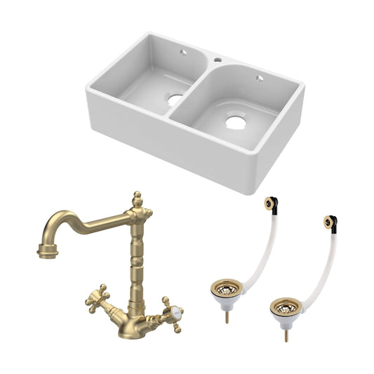 [BKS212WT13] Traditional Fireclay Kitchen Bundle: Double Bowl Full Weir 1 Tap Hole Butler Sink, Wastes & Classic Tap, 795mm - Brushed Brass - Cutout