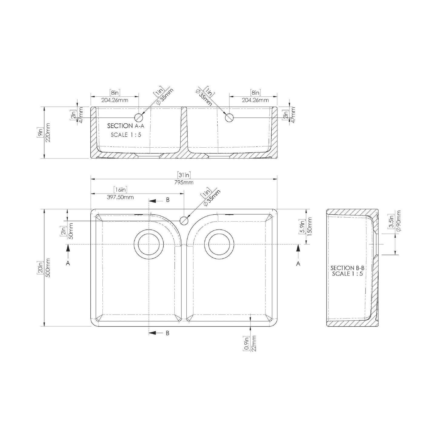 [BKS212WT2] Traditional Double Bowl Fireclay Belfast Sink Bundle with Tap Hole & Full Wier, Basket Strainer Waste and Mono Mixer Tap - Technical Drawing