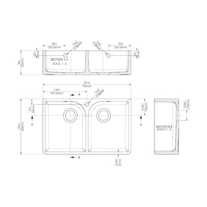 [BKS212WT2] Traditional Double Bowl Fireclay Belfast Sink Bundle with Tap Hole & Full Wier, Basket Strainer Waste and Mono Mixer Tap - Technical Drawing