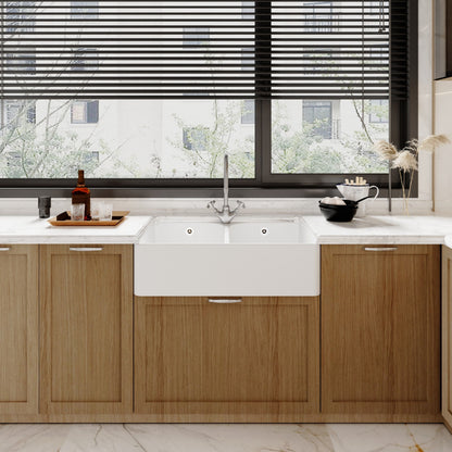 [BKS212WT2] Traditional Double Bowl Fireclay Belfast Sink Bundle with Tap Hole & Full Wier, Basket Strainer Waste and Mono Mixer Tap - Lifestyle 1