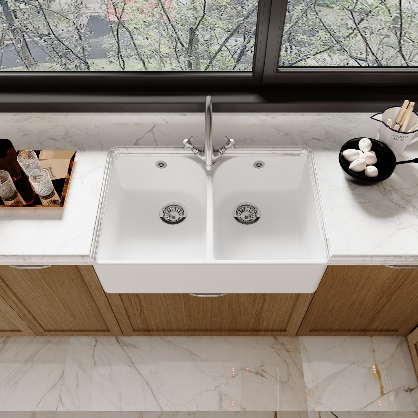 [BKS212WT2] Traditional Double Bowl Fireclay Belfast Sink Bundle with Tap Hole & Full Wier, Basket Strainer Waste and Mono Mixer Tap - Lifestyle 2