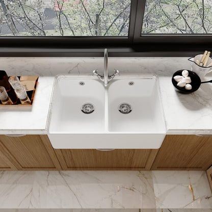 [BKS212WT2] Traditional Double Bowl Fireclay Belfast Sink Bundle with Tap Hole & Full Wier, Basket Strainer Waste and Mono Mixer Tap - Lifestyle 2